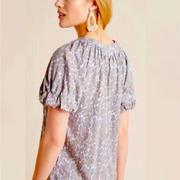 Anthropologie Maeve Linen Leopard Top Puff Sleeve - Picture 3 of 8